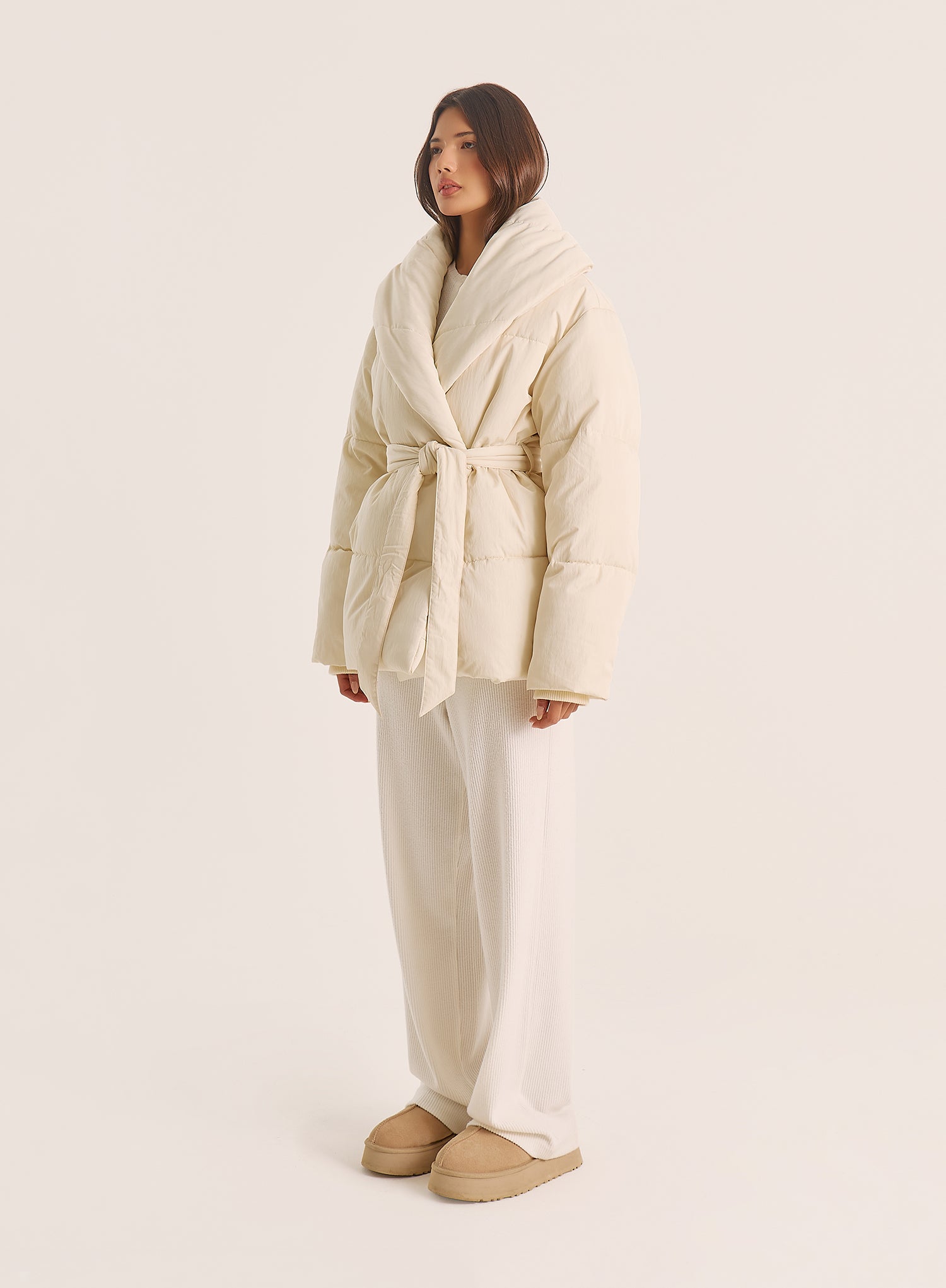 Cream Wrap Waist Belted Puffer Coat